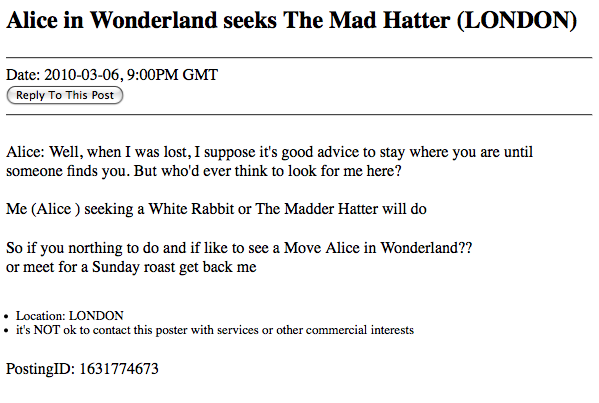 Craigslist Ad: Alice in Wonderland
