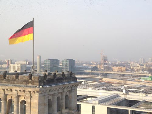 View from inside the Berlin Reichstag (Germany's flag)