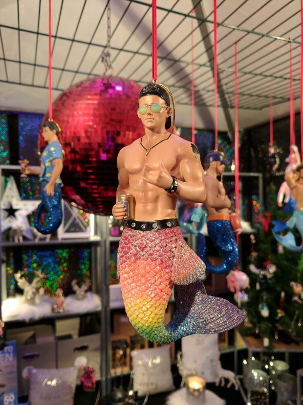 Gay Mermen Christmas Ornaments - https://travelsofadam.com/2016/12/munich-pink-christmas/