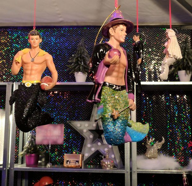 Gay Mermen Christmas Ornaments - https://travelsofadam.com/2016/12/munich-pink-christmas/