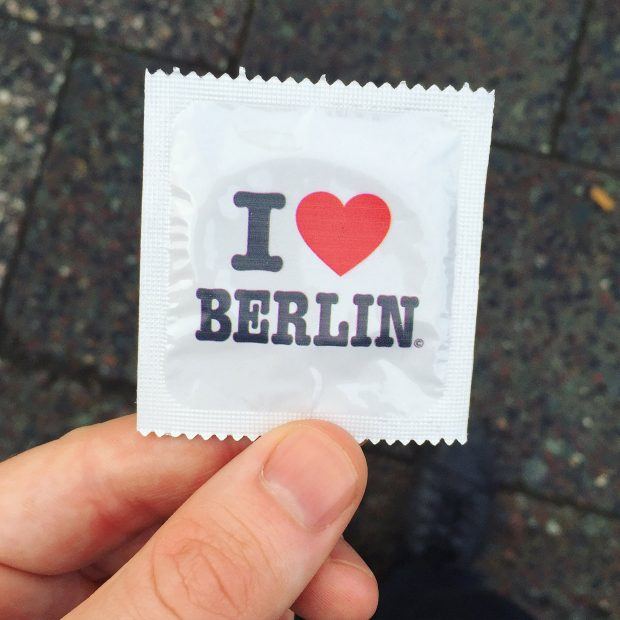 condom wrapper that says i (heart emoji) berlin