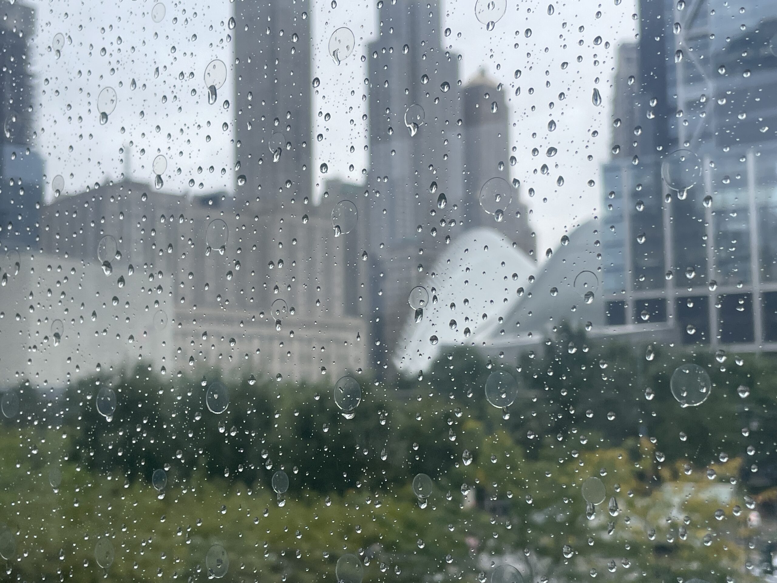 Rainy window in NYC looking at the Oculus in downtown FiDi