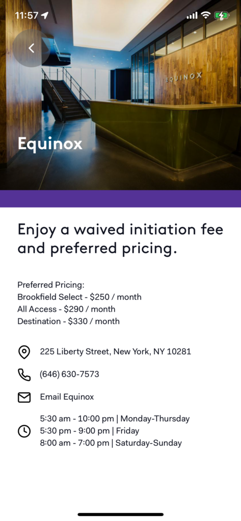 Equinox price for a membership - screenshot of my corporate discount